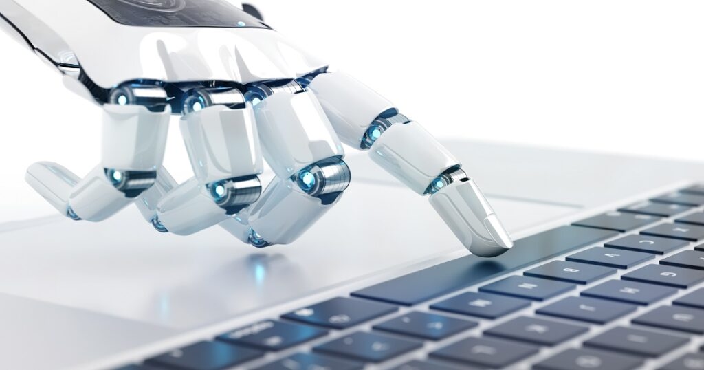White robot cyborg hand pressing a keyboard